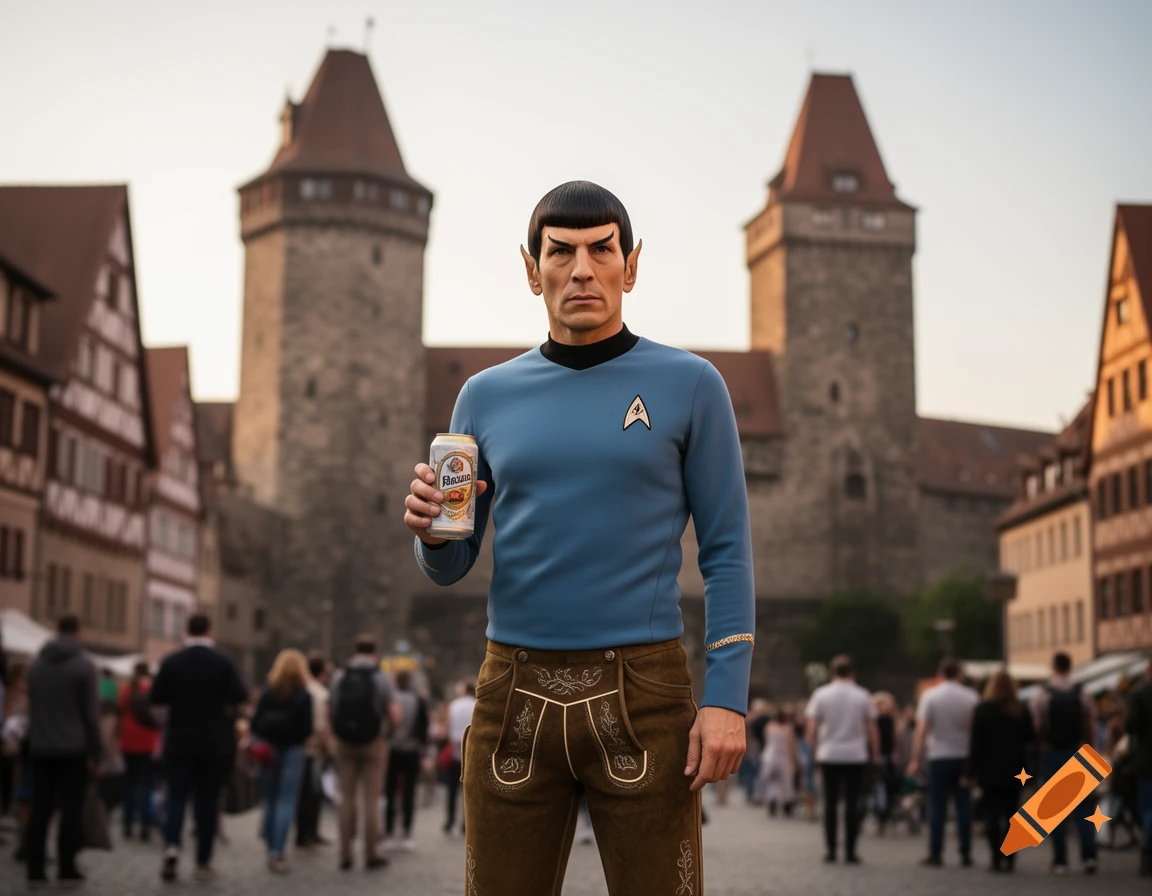 Mr. Spock in a blue Starfleet uniform and lederhosen holds a beer can in a European town square with a castle.