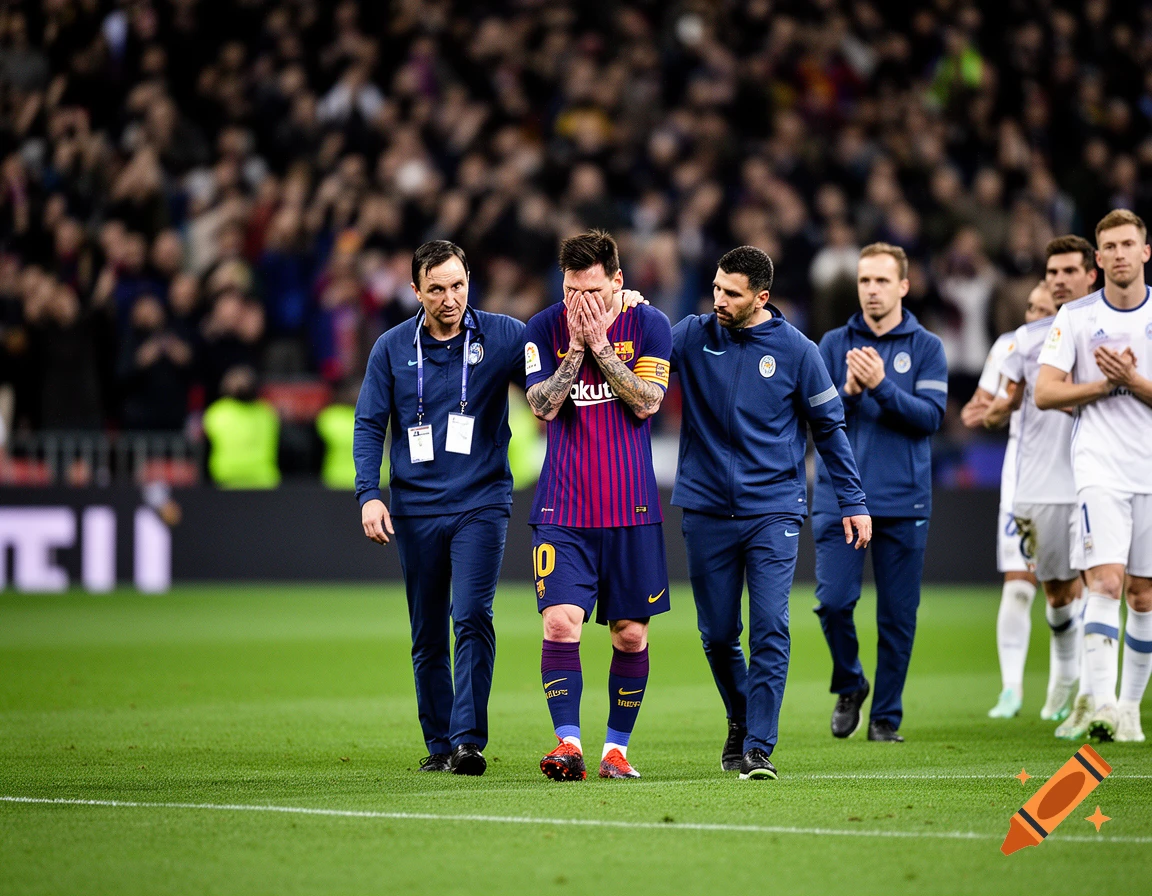 Lionel Messi, wearing a striped FC Barcelona jersey with number 10, covers his face with his hands while being escorted off a soccer field by team staff.