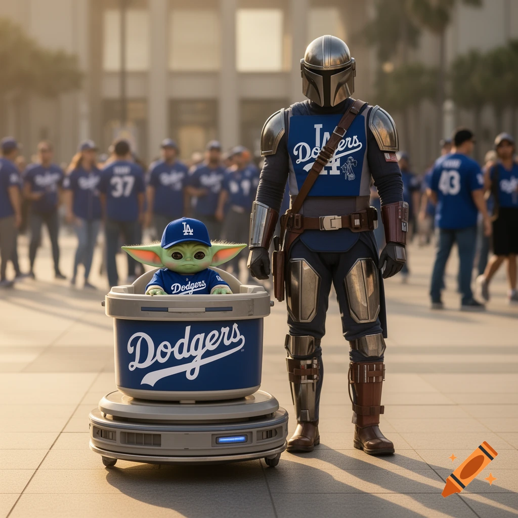 Grogu in a Dodgers baseball cap in a carrier next to the Mandalorian in Dodgers armor at a stadium event.