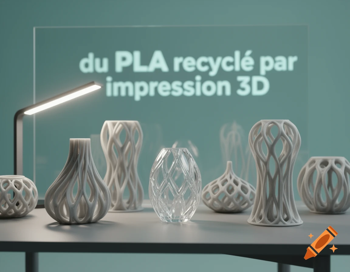 3D printed vases on a table with a lamp and a screen displaying 'du PLA recyclé par impression 3D'.