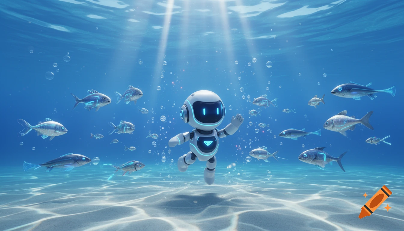 A cheerful white and blue robot swims in a clear blue ocean, surrounded by fish with glowing outlines, with sun rays piercing the water.