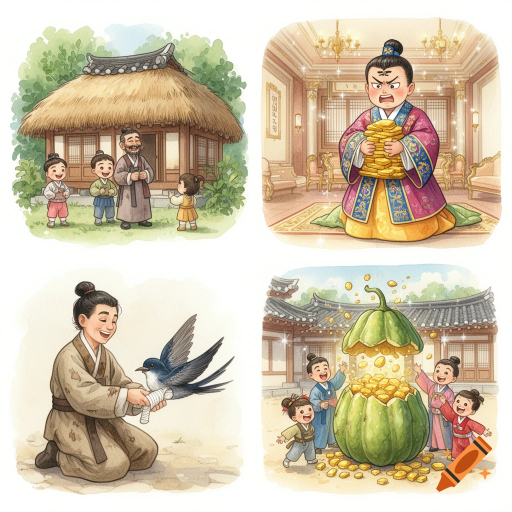 Four watercolor panels depicting a Korean folktale: Heungbu's family, greedy Nolbu with gold, Heungbu bandaging a swallow, and Heungbu's family finding gold in a gourd.