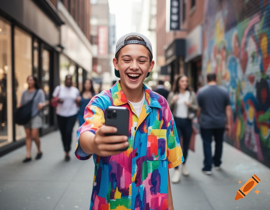 A smiling teenage boy in a colorful shirt holds a smartphone, taking a selfie on a vibrant city street.