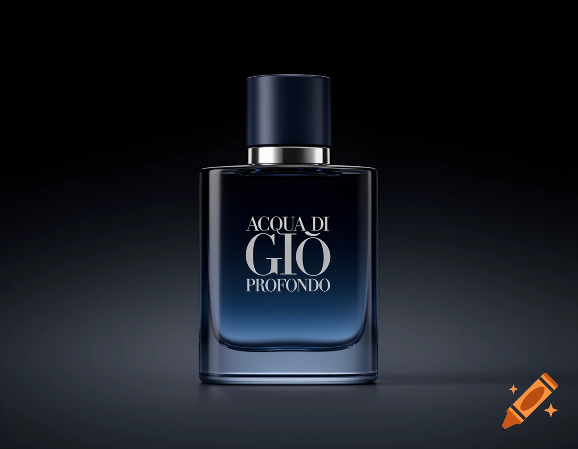 Photorealistic studio shot of a Giorgio Armani Acqua di Gio Profondo perfume bottle with deep blue gradient glass, silver collar, and navy cap against a dark background.