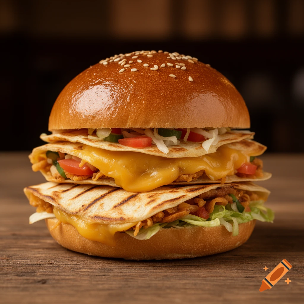 Photorealistic close-up of a sesame bun burger layered with two cheesy quesadillas and fresh vegetables on a wooden table.