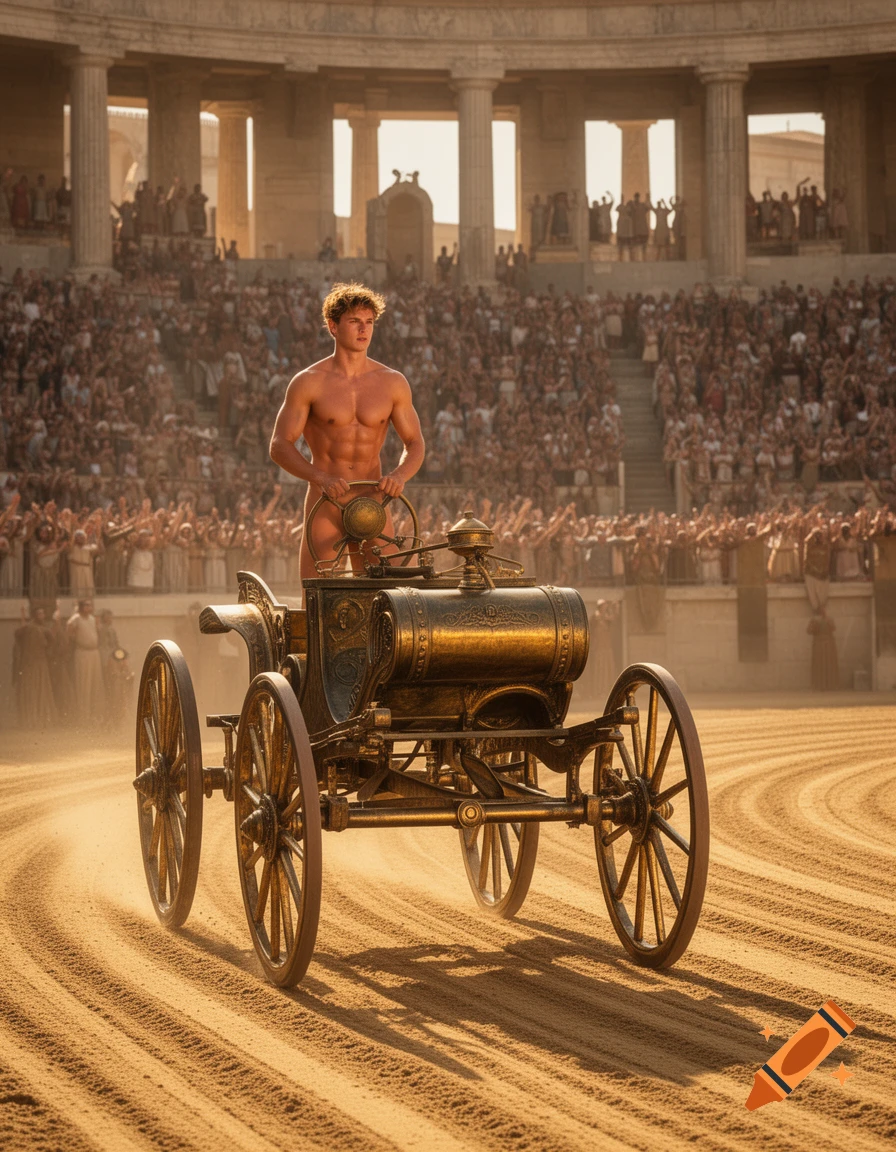 A nude, muscular man stands in an antique chariot in a dusty arena, a large crowd watching in the background, photorealistic style.