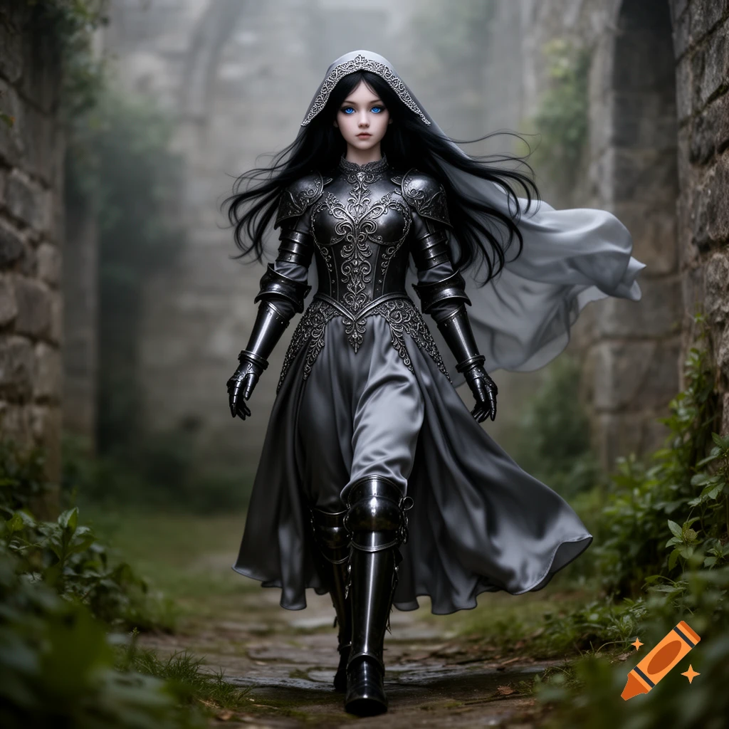 Realistic fantasy girl with black hair and blue eyes in a grey armored dress, walking through ancient stone ruins.