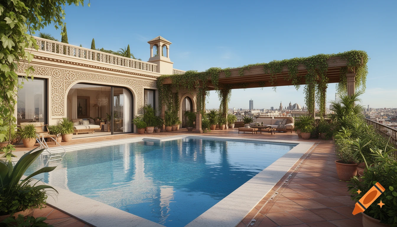 A luxurious rooftop pool with intricate Andalusian-style architecture, lush plants, and city skyline views under a clear blue sky.