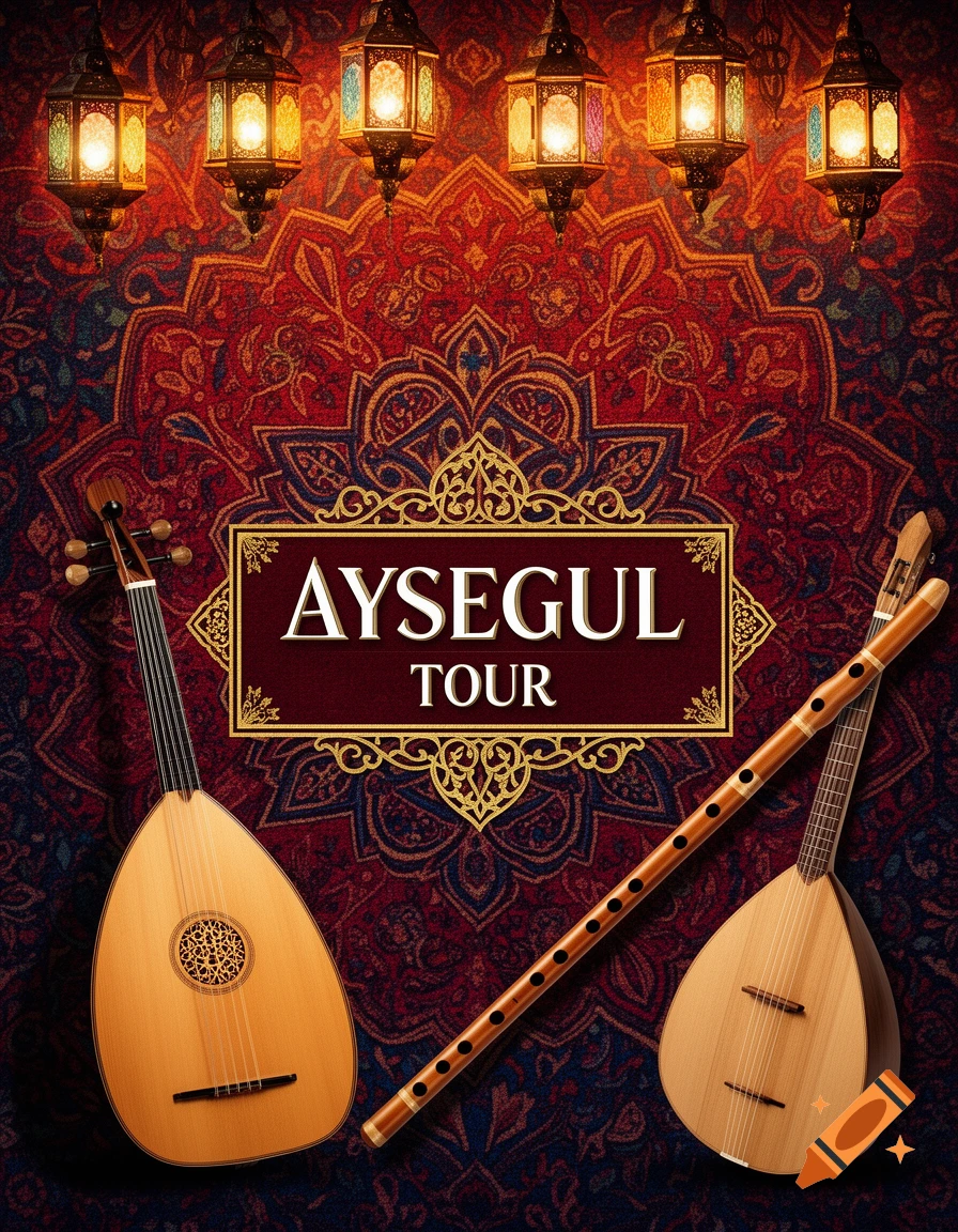 Concert poster with traditional Turkish musical instruments, ornate lanterns, and patterned background with 'AYSEGUL TOUR' text.