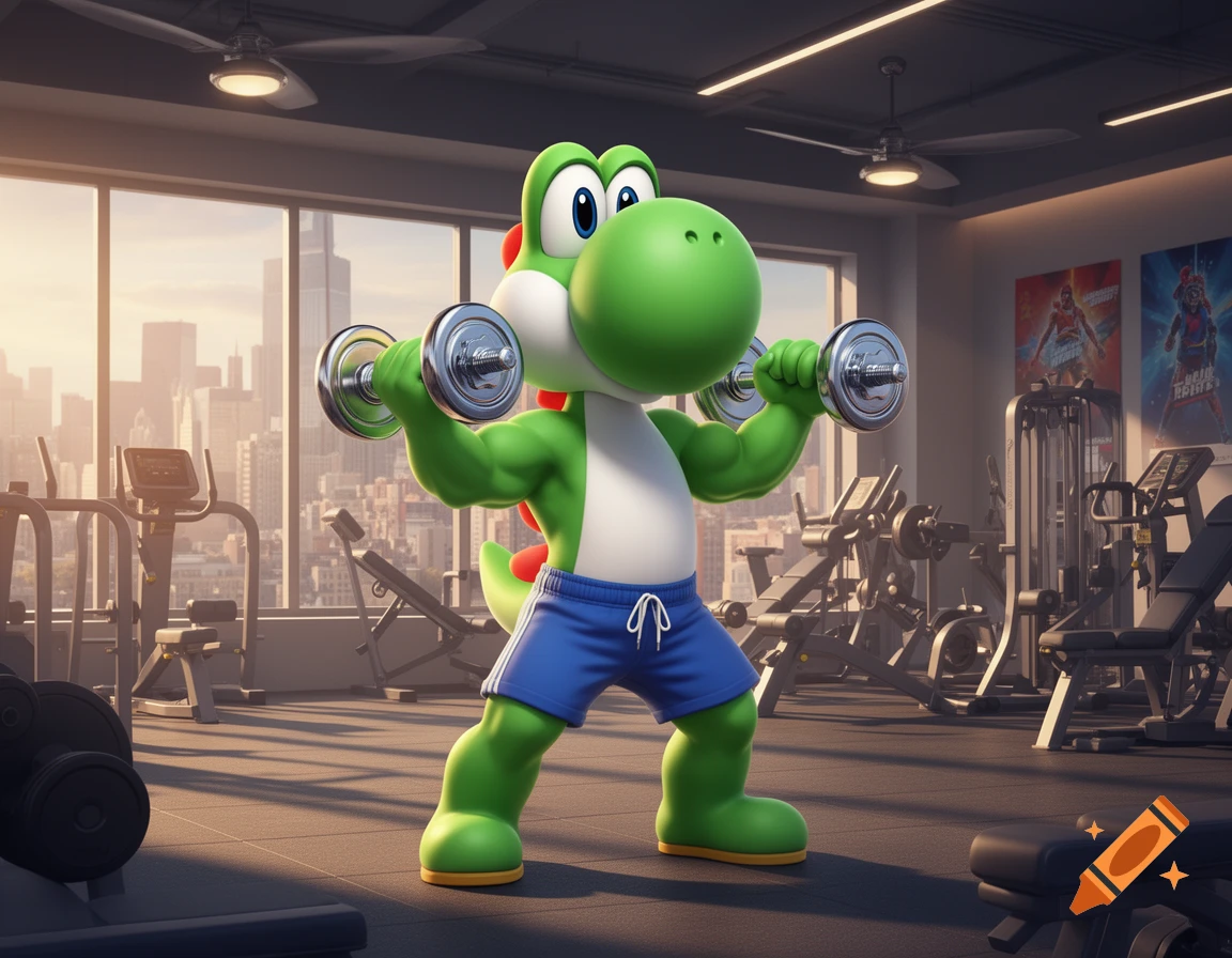 Yoshi, the green dinosaur, flexes while lifting dumbbells in a modern gym with a cityscape view.