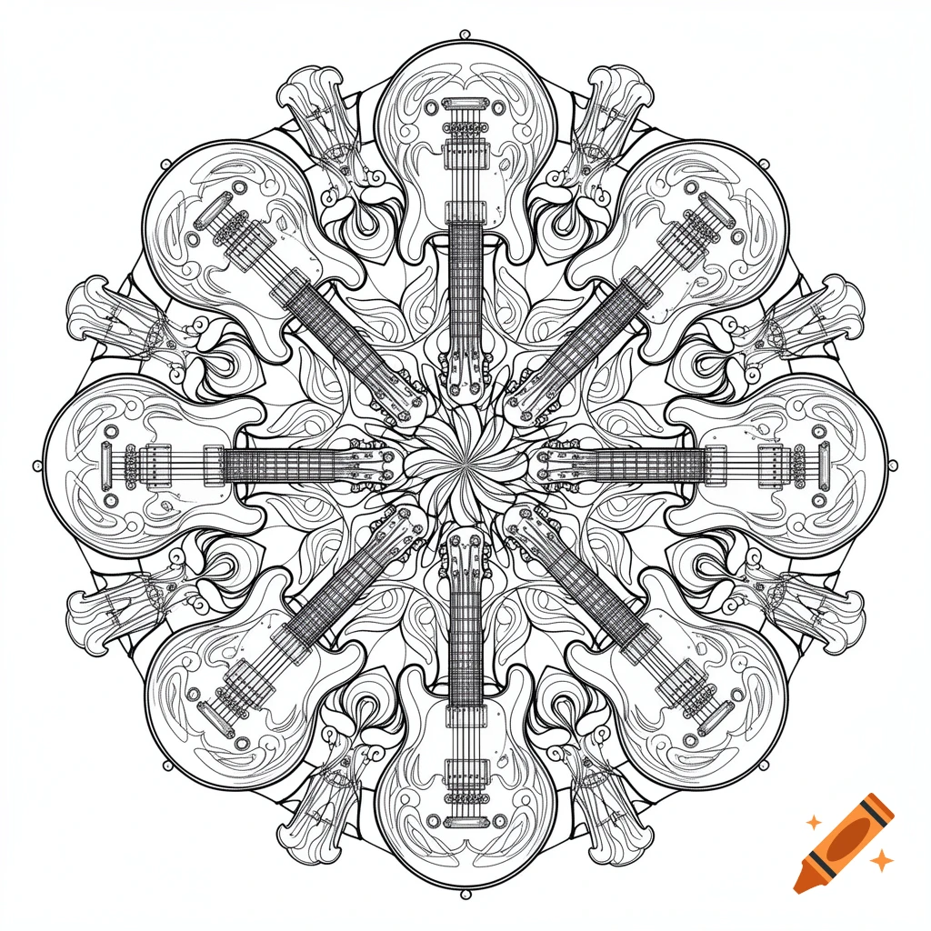 A black and white line art mandala composed of multiple symmetrical electric guitars, styled for coloring.