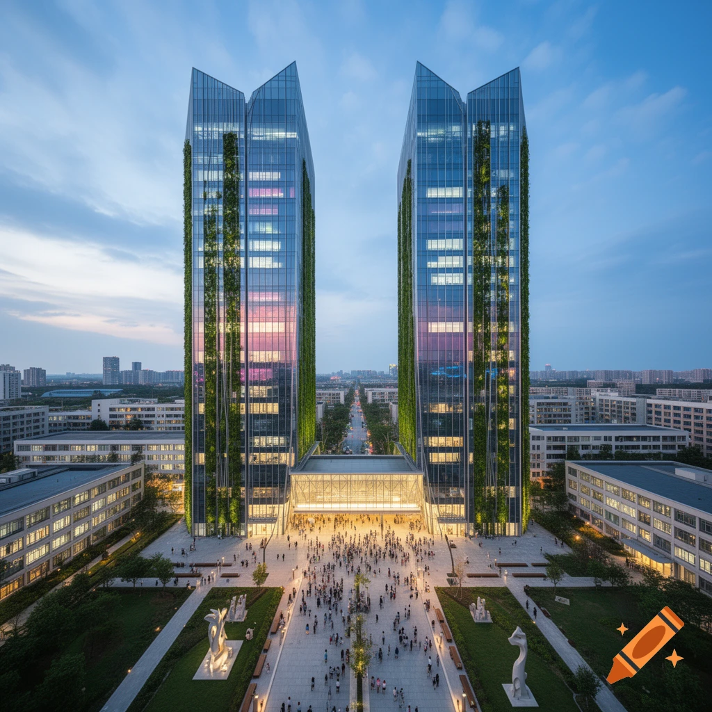 Two modern glass skyscrapers with green vertical gardens and colorful reflections, connected by a lit walkway above a crowded plaza at dusk.