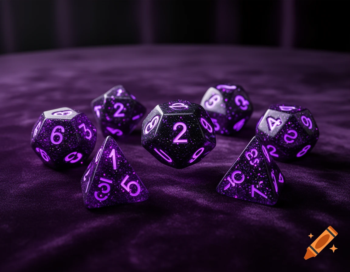 A set of glossy deep purple polyhedral RPG dice with shimmering black glitter and glowing neon violet numbers, resting on a dark velvet tabletop under dramatic lighting.
