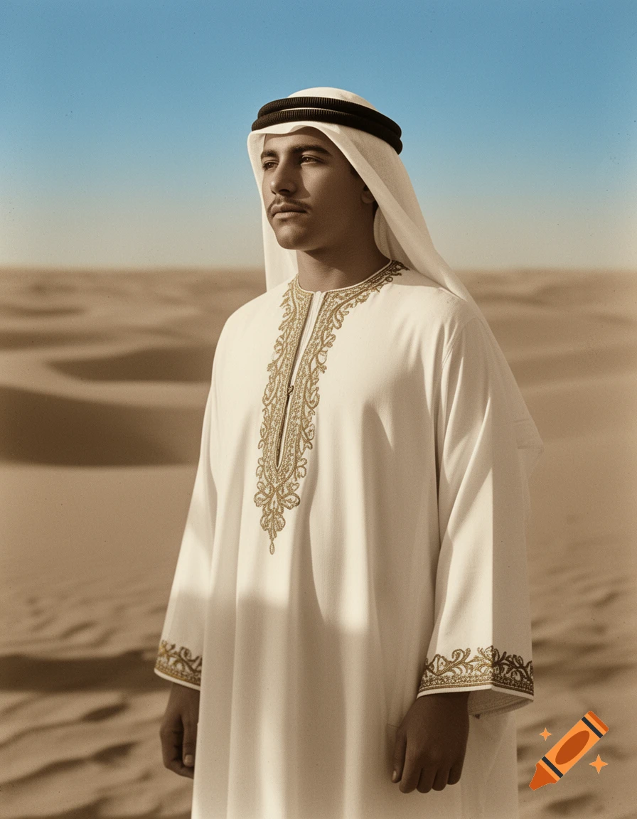A photorealistic portrait of a young man wearing a white thobe and ghutra with a black agal, standing in a desert.