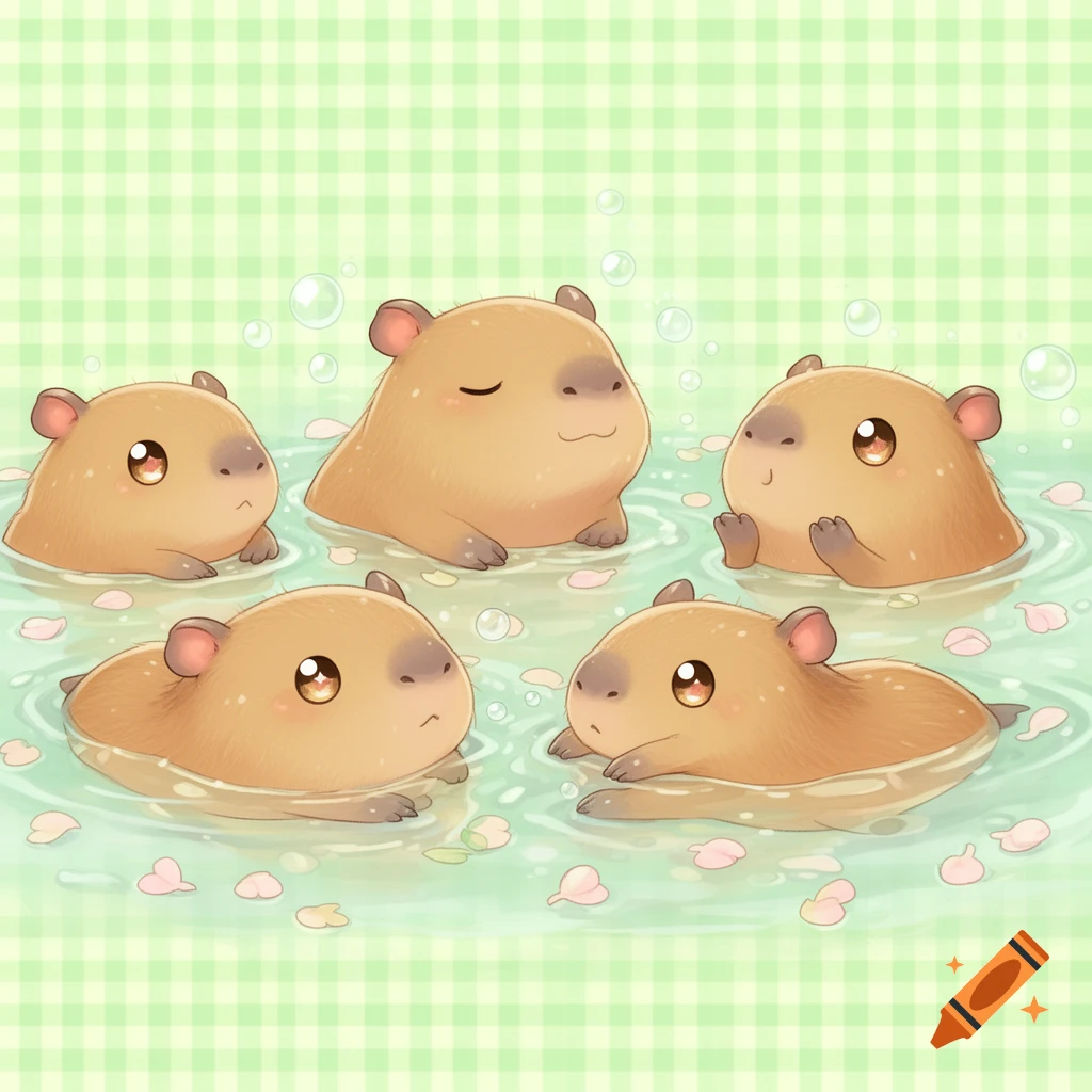 Five cute kawaii capybaras bathing in water with flower petals, against a pastel green gingham background.