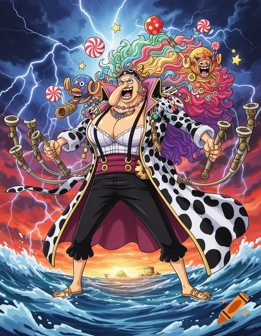 A powerful, exaggerated female anime character with a long nose and rainbow hair stands in stormy waves under a lightning sky.