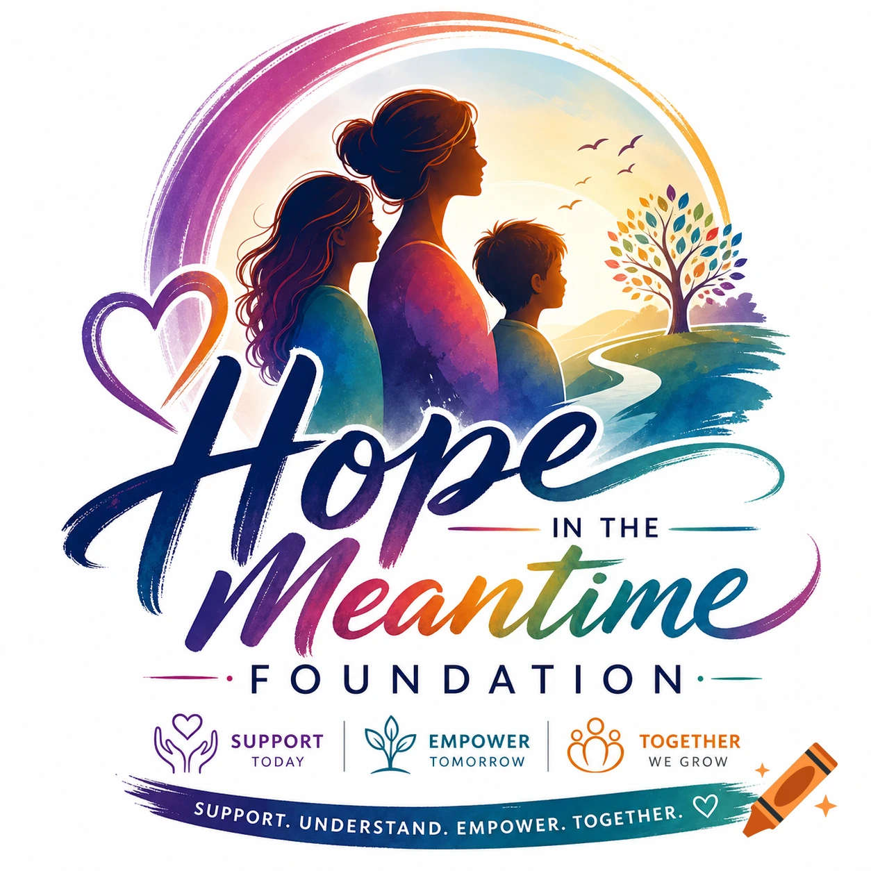Vibrant logo with silhouettes of a mother and two children looking at a colorful tree and sunset, under a rainbow arch and heart. Text reads 'Hope In The Meantime Foundation'.