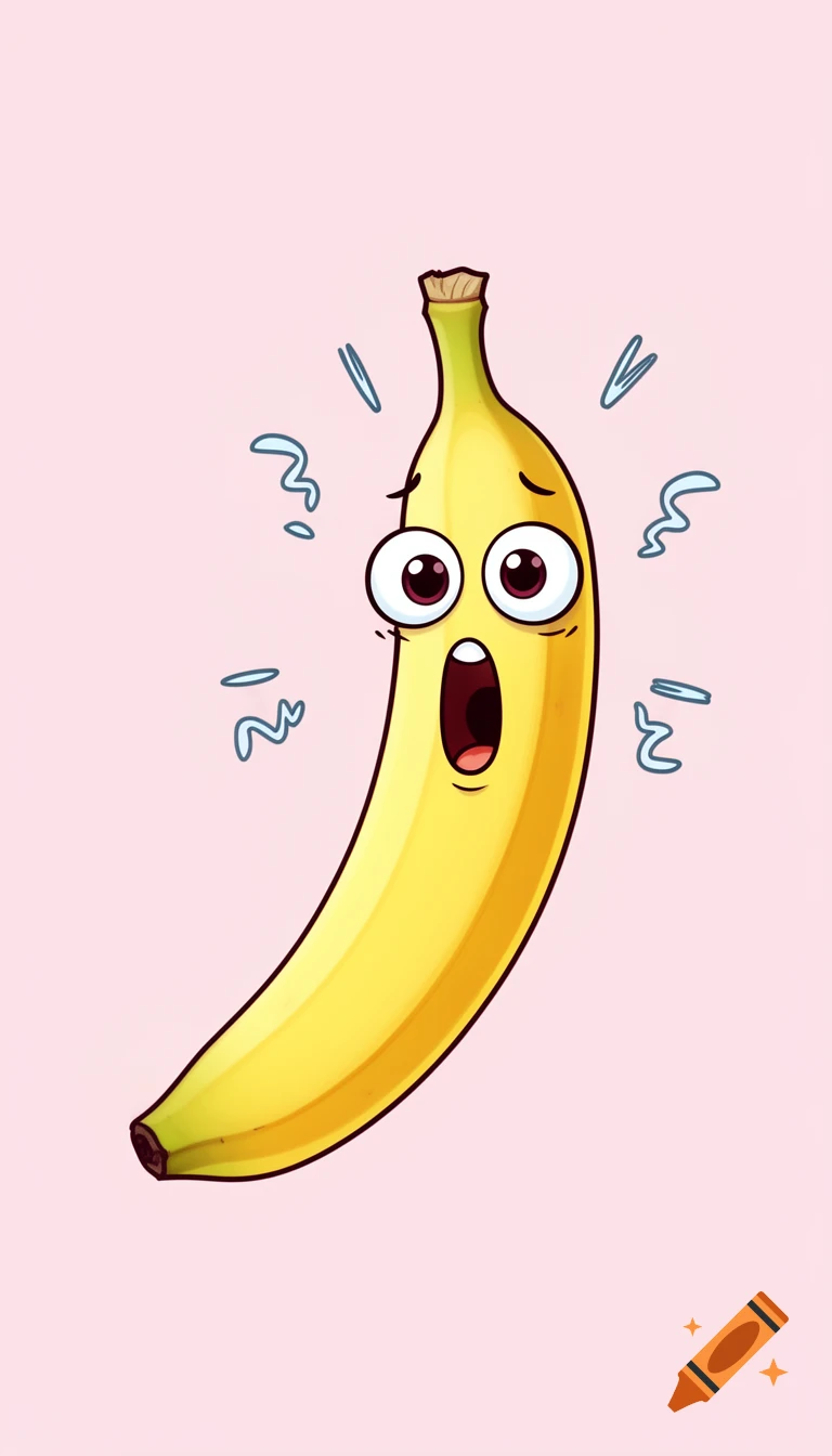 A cartoon banana with wide eyes and an open mouth looks shocked, with squiggly lines around it, on a pink background.
