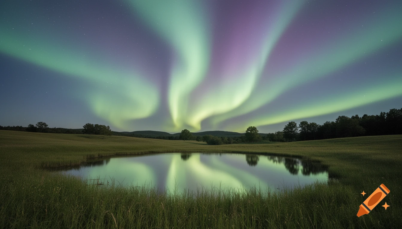 Green and purple aurora borealis reflects in a calm pond surrounded by grassy fields and distant hills at night.