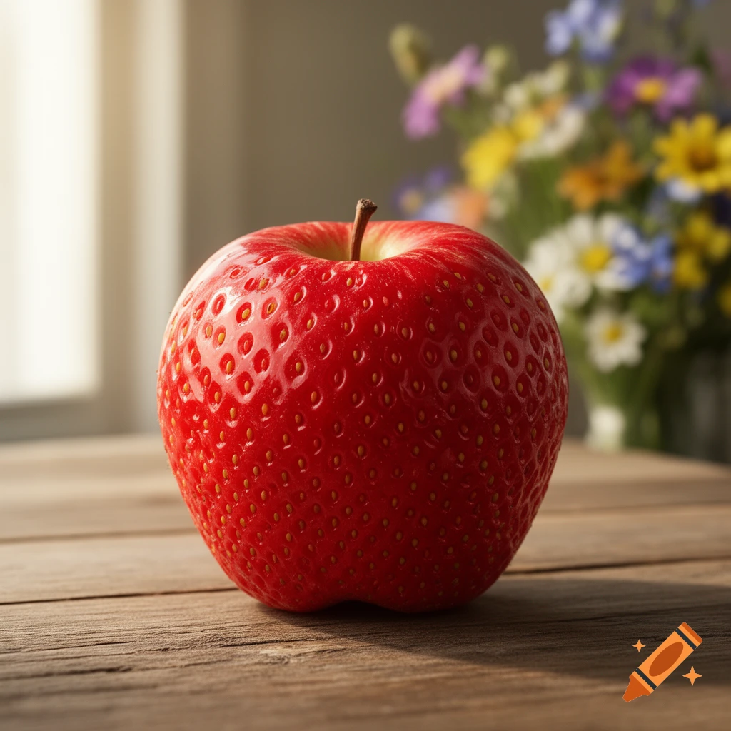 A vibrant red apple with strawberry-like texture sits on a rustic wooden table, with blurred flowers in the background.