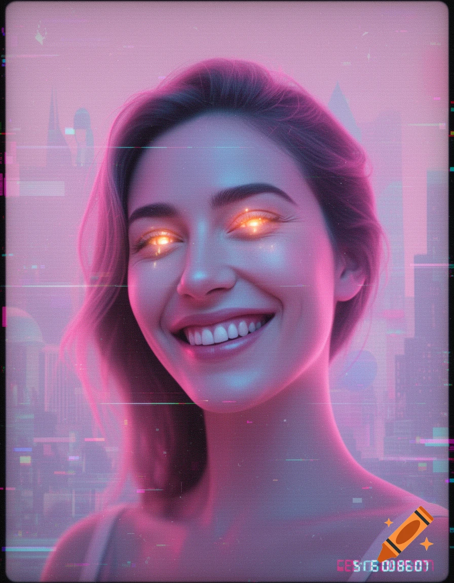 Close-up of a smiling woman with glowing orange eyes in a vibrant pink and blue vaporwave style with glitch effects and cityscape silhouettes.