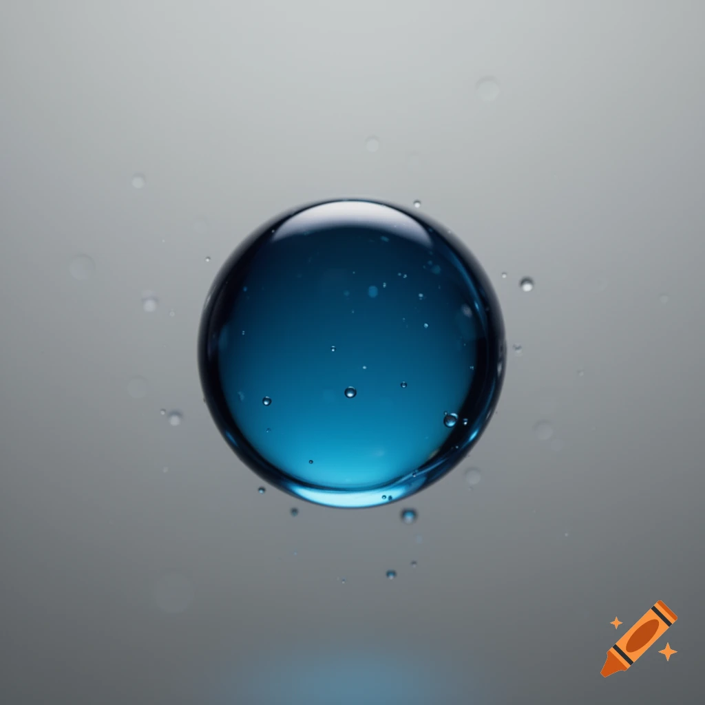 A photorealistic macro shot of a blue liquid sphere with internal bubbles, floating against a neutral gray background.