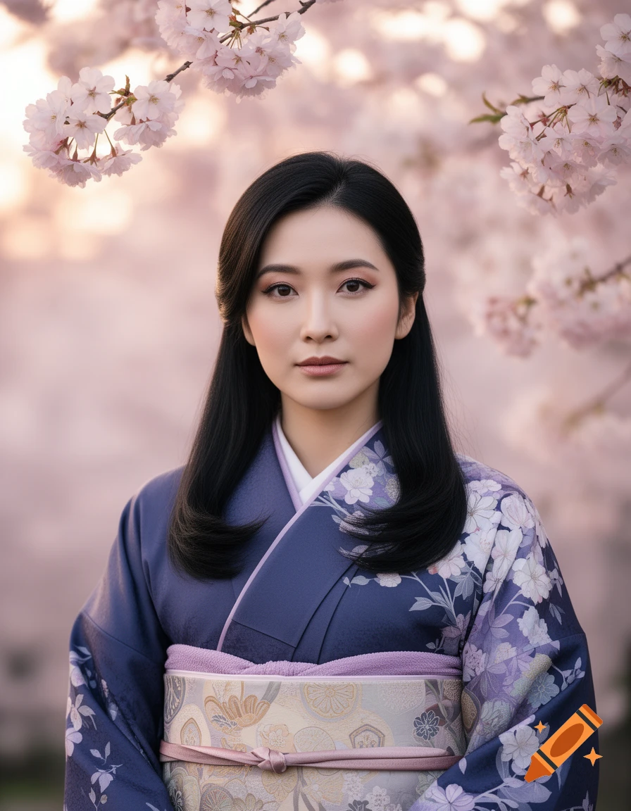 A Japanese woman in a purple kimono with floral patterns stands under pink cherry blossoms, looking directly at the viewer.