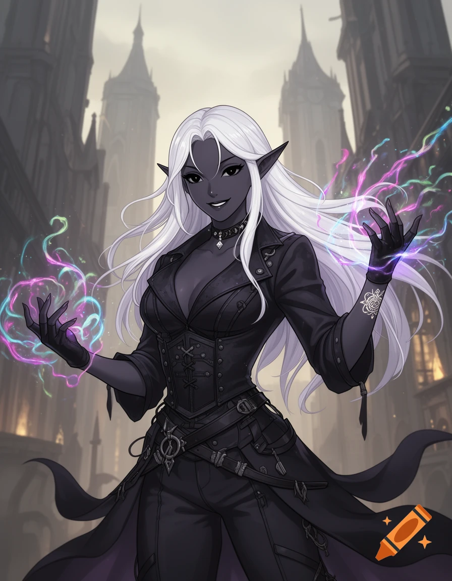 Anime Drow elf with white hair, dark skin, smirking, casting a spell with glowing effects from her hands, wearing an edgy outfit in a dark fantasy city.