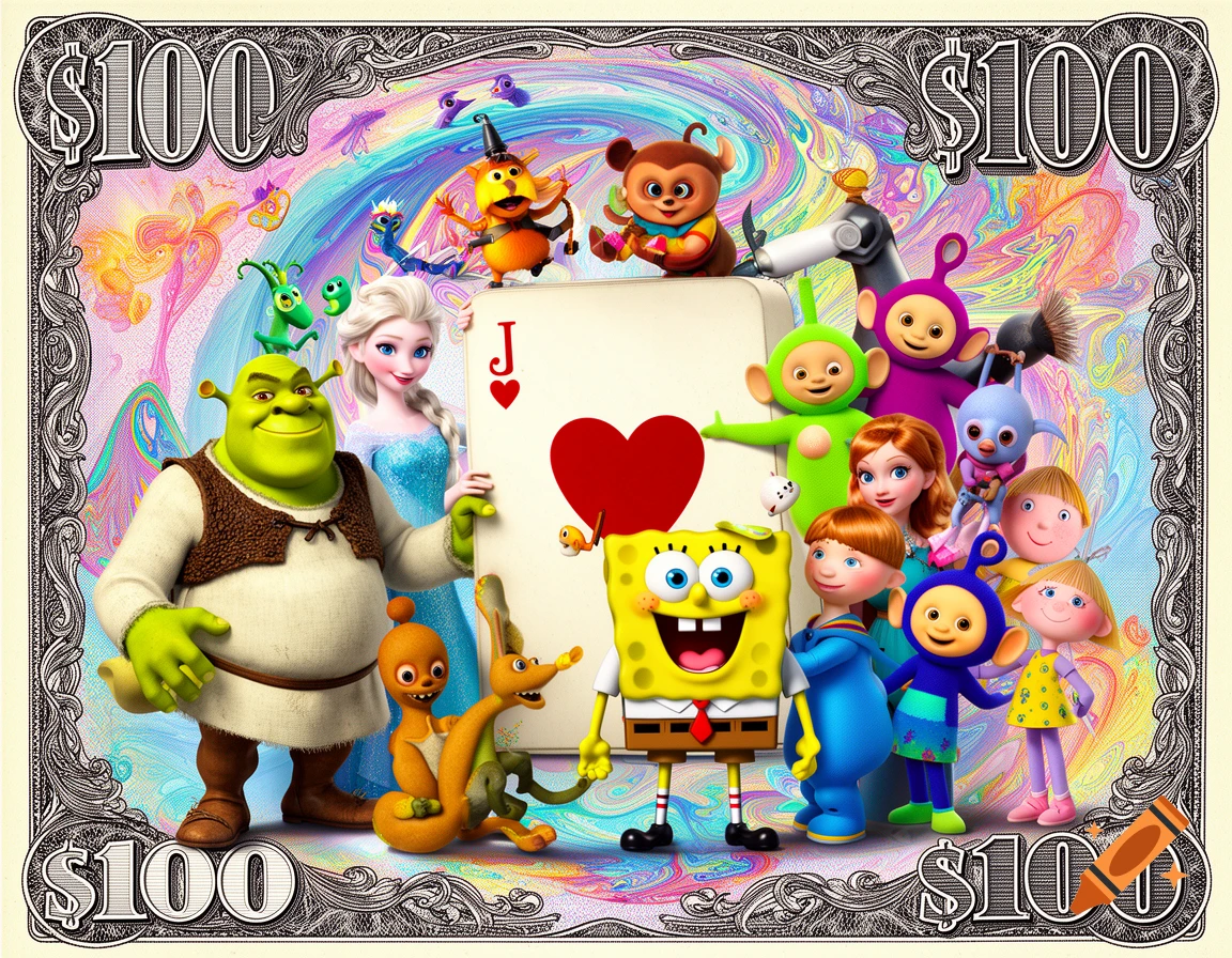 A vibrant $100 bill featuring a collage of cartoon characters like Shrek, Elsa, Spongebob, and Teletubbies surrounding a Jack of Hearts playing card.