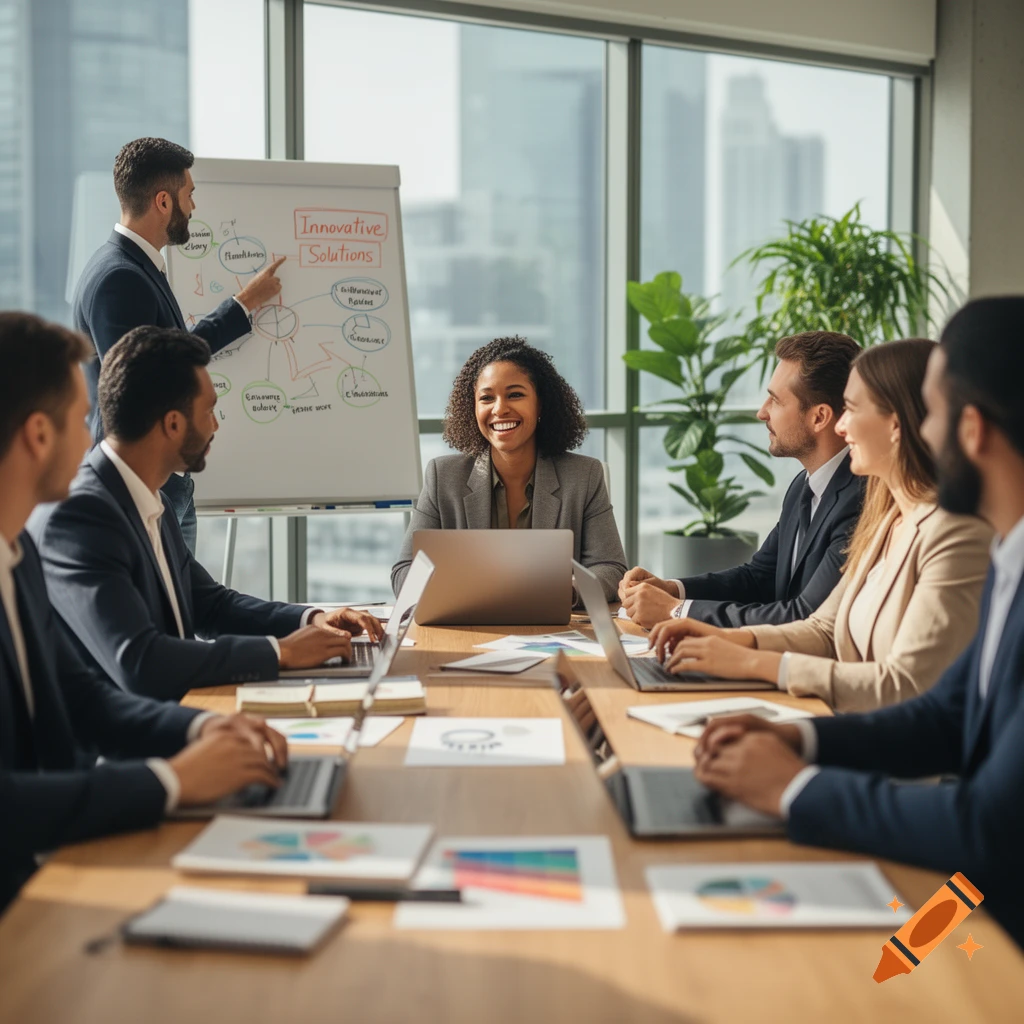 A diverse business team in a modern office, with one man pointing at a whiteboard with "Innovative Solutions" written on it, while others sit around a table with laptops.