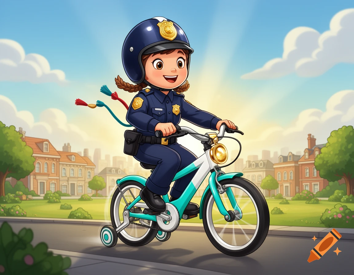 A cheerful cartoon child dressed as a police officer rides a turquoise bicycle with training wheels on a sunny street.