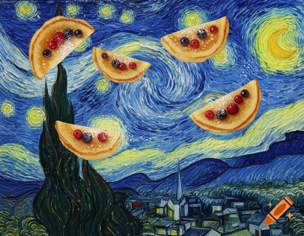 Five berry-topped crepes float through a vibrant, swirling night sky in the style of Van Gogh's Starry Night painting over a village.
