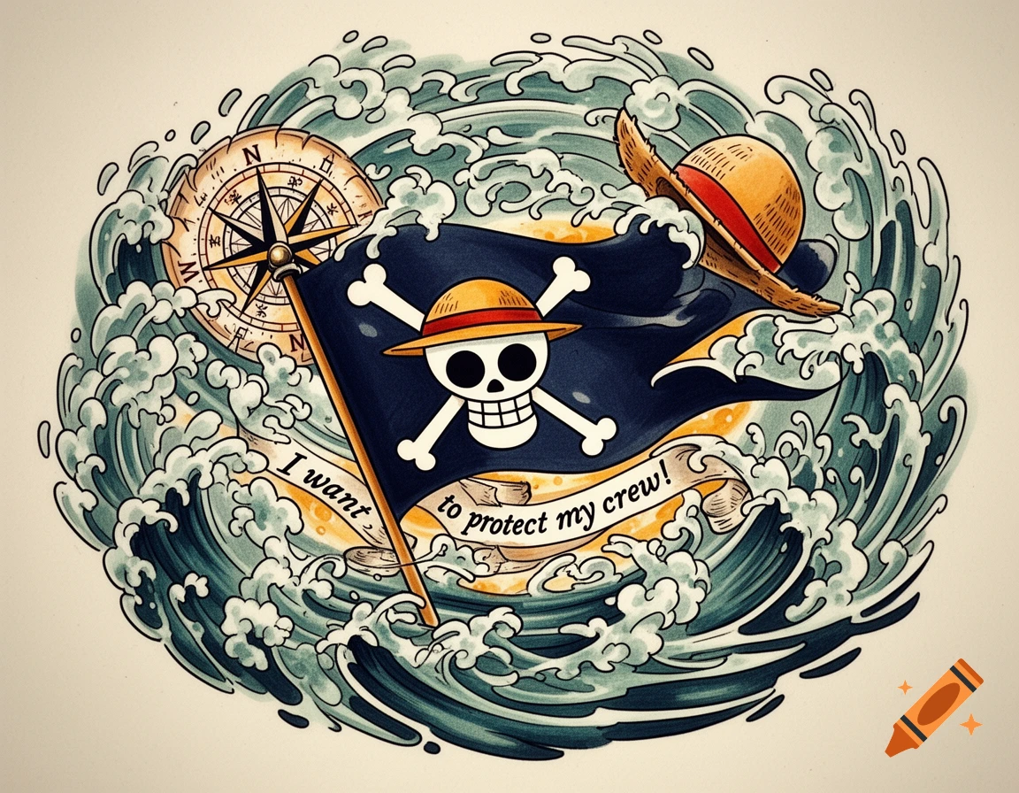 One Piece themed tattoo illustration featuring a pirate flag, straw hat, compass, and waves, with the text 'I want to protect my crew!'