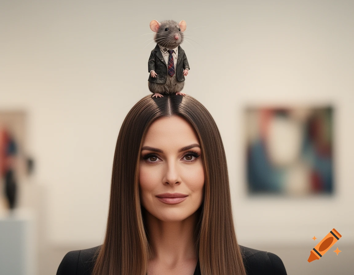 A photorealistic portrait of a woman with long brown hair, looking at the viewer, with a small rat wearing a suit standing on her head.