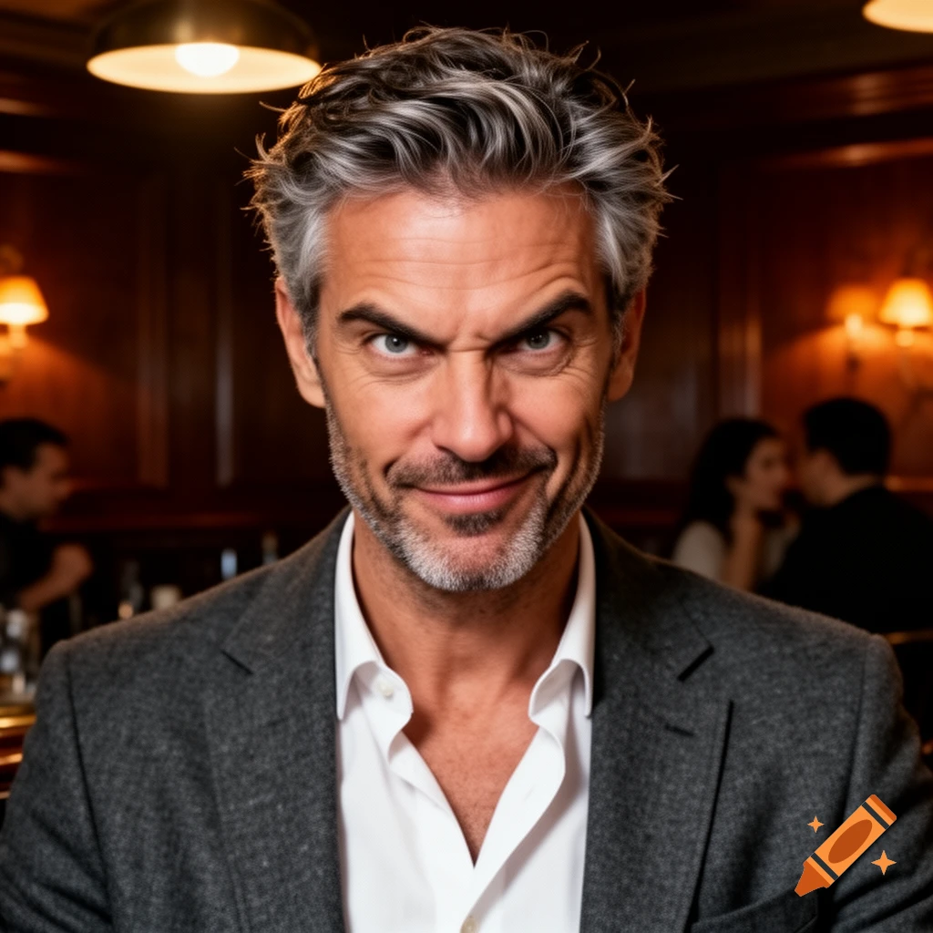 Photorealistic close-up of a sarcastic-looking middle-aged man with gray hair and beard, in a restaurant setting.