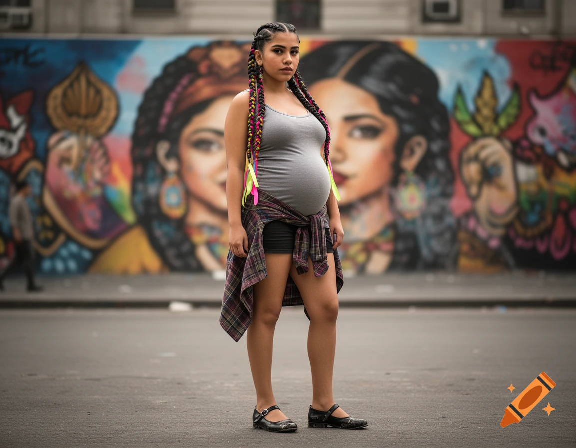 A pregnant woman with long braids and a plaid shirt tied around her waist stands in front of a colorful street art mural.