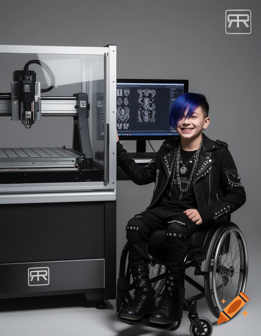 A smiling teen with blue hair and goth attire in a wheelchair next to a CNC router machine and computer, displaying an RR logo. Photorealistic.