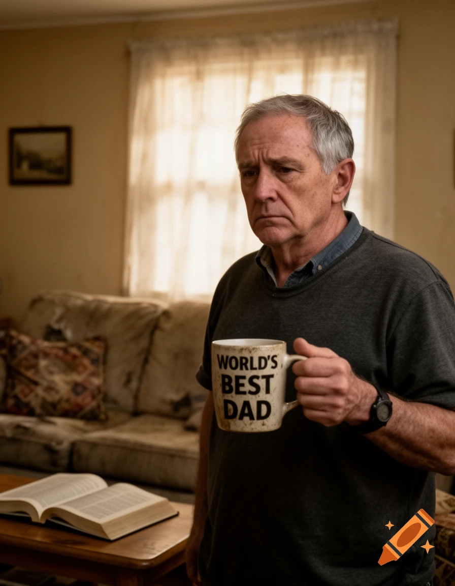 A serious-looking older man holding a mug that says 'WORLD'S BEST DAD' in a living room.