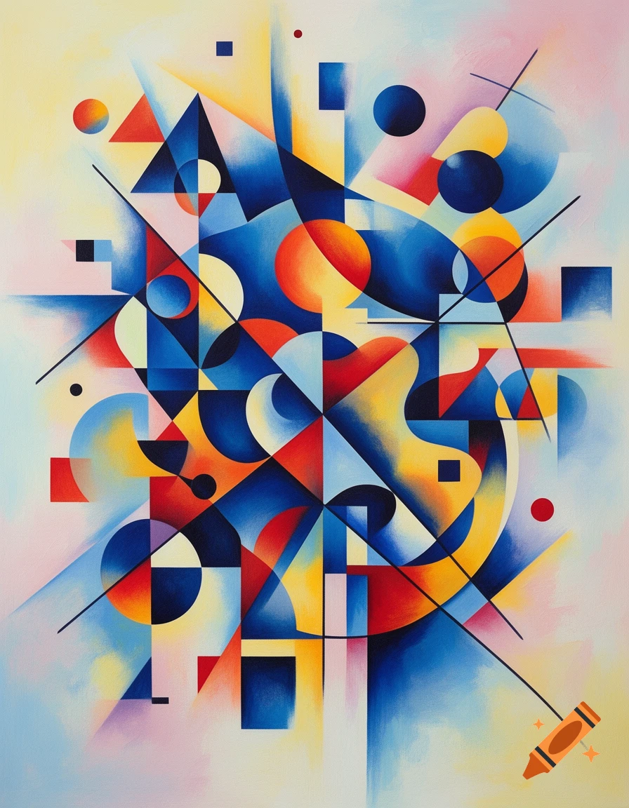 Vibrant abstract geometric art with interlocking blue, yellow, orange, and red shapes, inspired by Kandinsky.