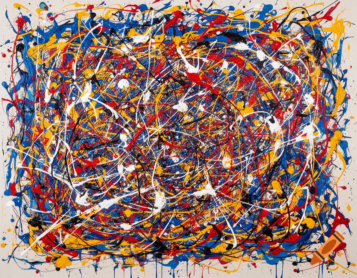 Vibrant abstract painting with a dense network of blue, red, yellow, black, and white paint splatters and drips on a light background.