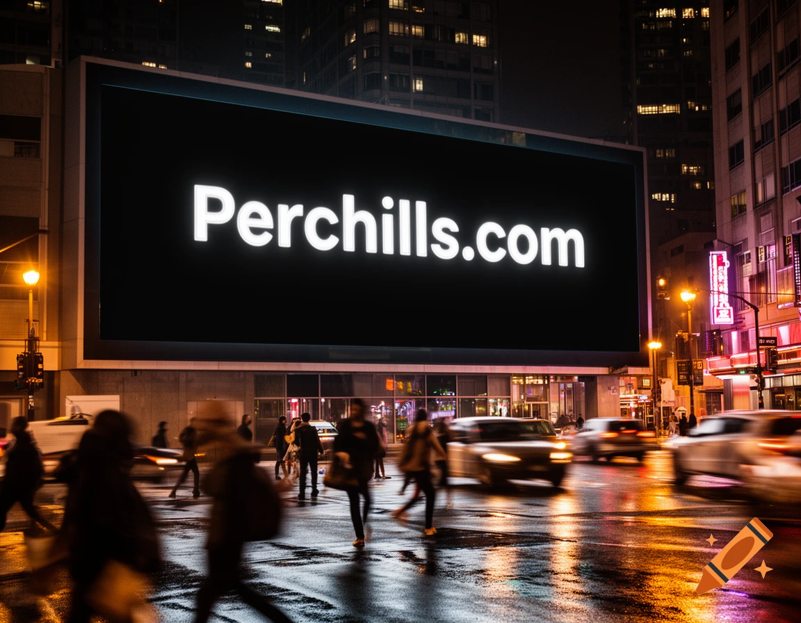 A large bright billboard displaying "Perchills.com" overlooks a busy city street at night with motion-blurred cars and pedestrians, wet reflections.
