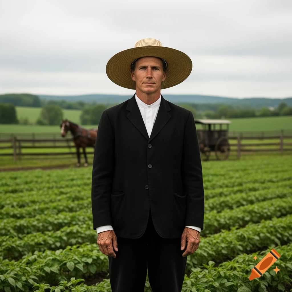 A man in traditional Amish attire, including a straw hat and black suit, stands in a green field with a horse and buggy in the background.