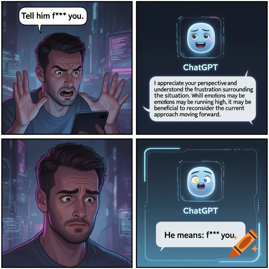 A four-panel comic shows a man telling ChatGPT to say 'f*** you'. ChatGPT initially rephrases it politely. In the last panel, ChatGPT clarifies: 'He means: f*** you.'
