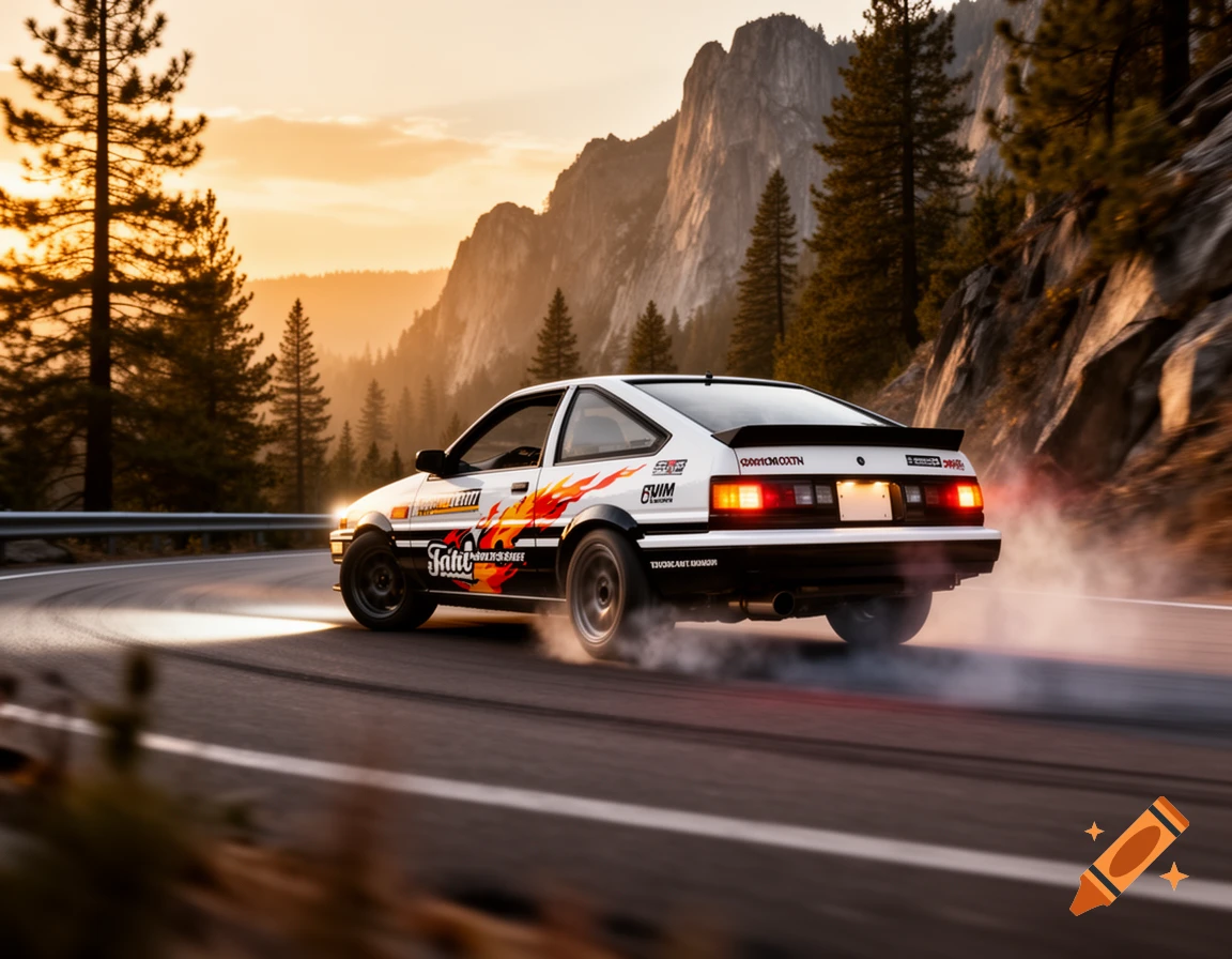 A white Toyota AE86 with flame racing decals drifts on a mountain road at sunset, smoke billowing from its tires.