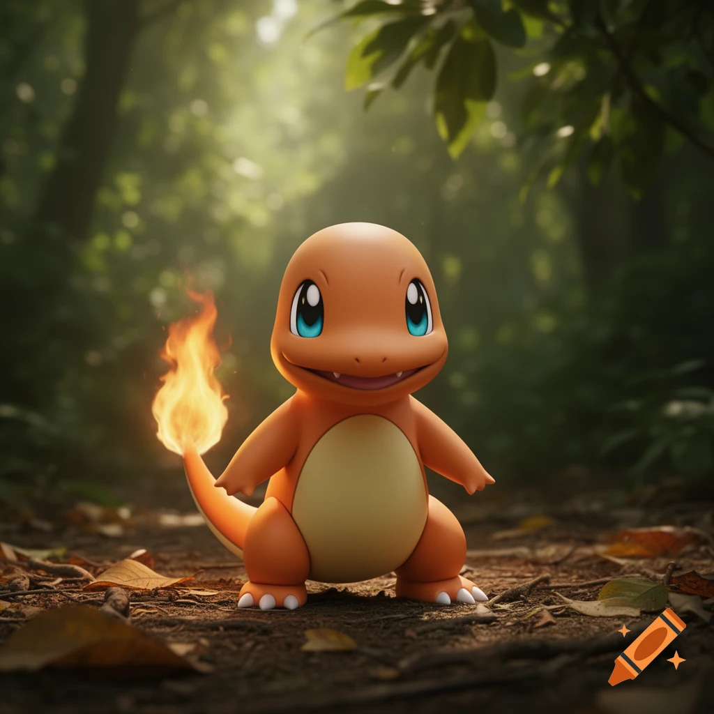 A smiling, orange Charmander with blue eyes stands on a forest path, its tail ablaze.