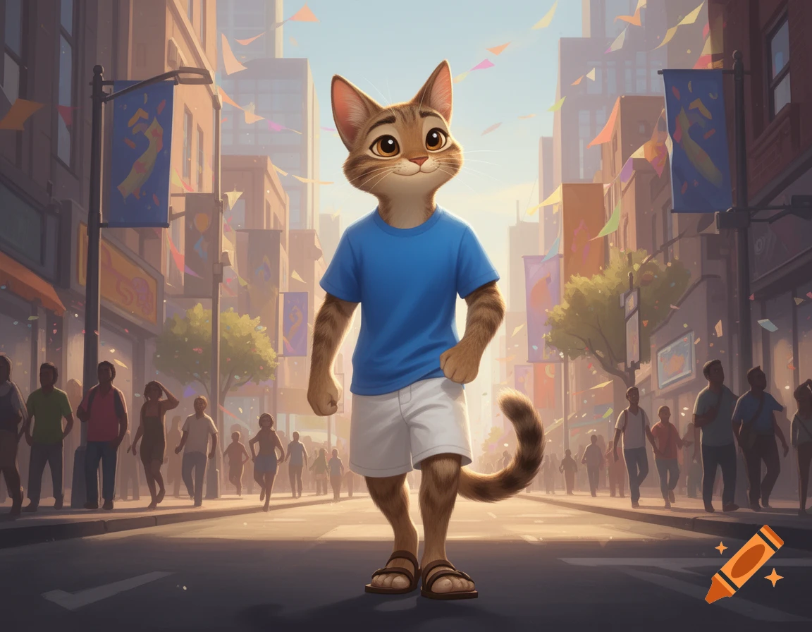 A cartoon anthropomorphic cat in a blue shirt, white shorts, and sandals walks down a sunny city street with crowds and confetti.