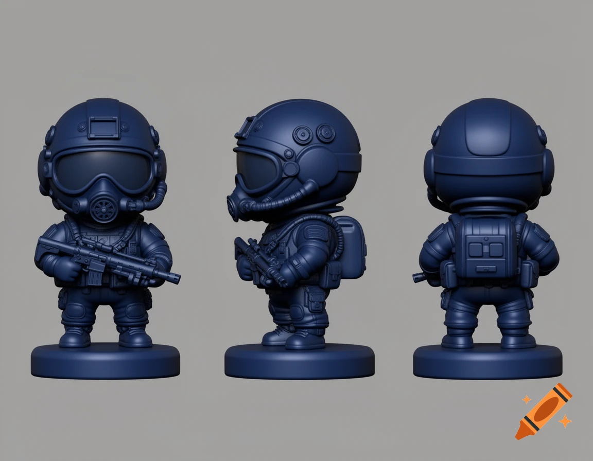 Three views of a matte navy blue chibi-style 3D render of a US Navy SEAL combat diver figurine with a rifle.