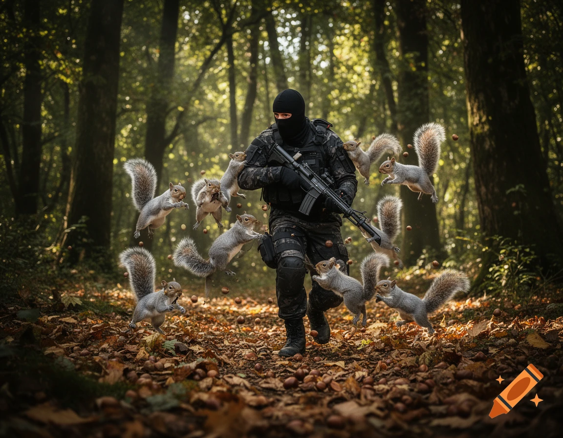 A masked figure in tactical gear walks through a forest, surrounded by leaping grey squirrels and scattered nuts. Photorealistic.