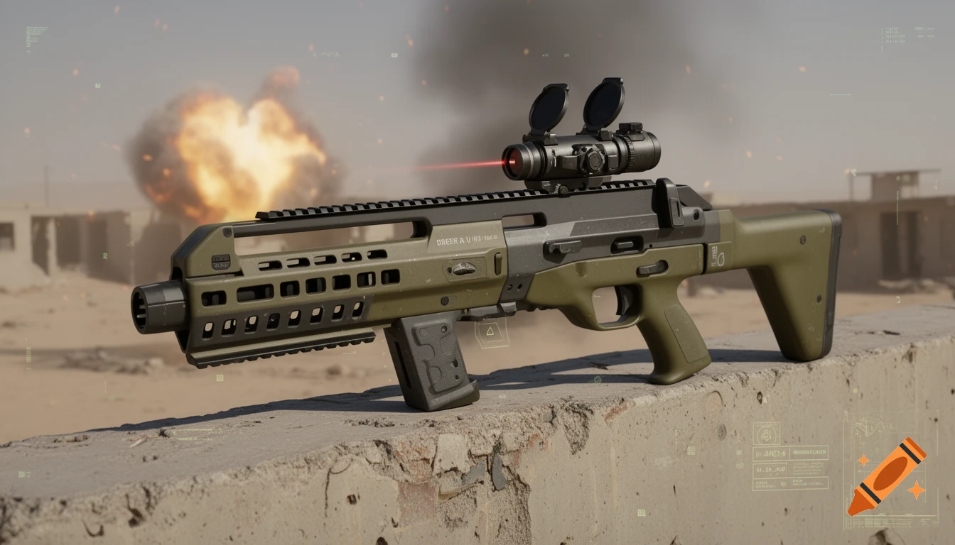 A futuristic olive green and dark grey bullpup rifle with a laser sight rests on a concrete barrier in a desert warzone, an explosion in the background.