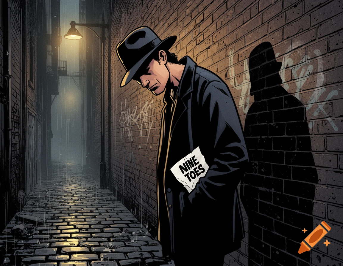 A comic-style illustration of a man in a fedora and trench coat in a dark, rainy alley, holding a paper labeled "NINE TOES."